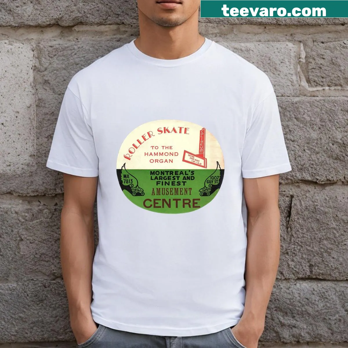 Vintage-style graphic of a Montreal roller skating rink on a T-shirt. — on a men's t-shirt