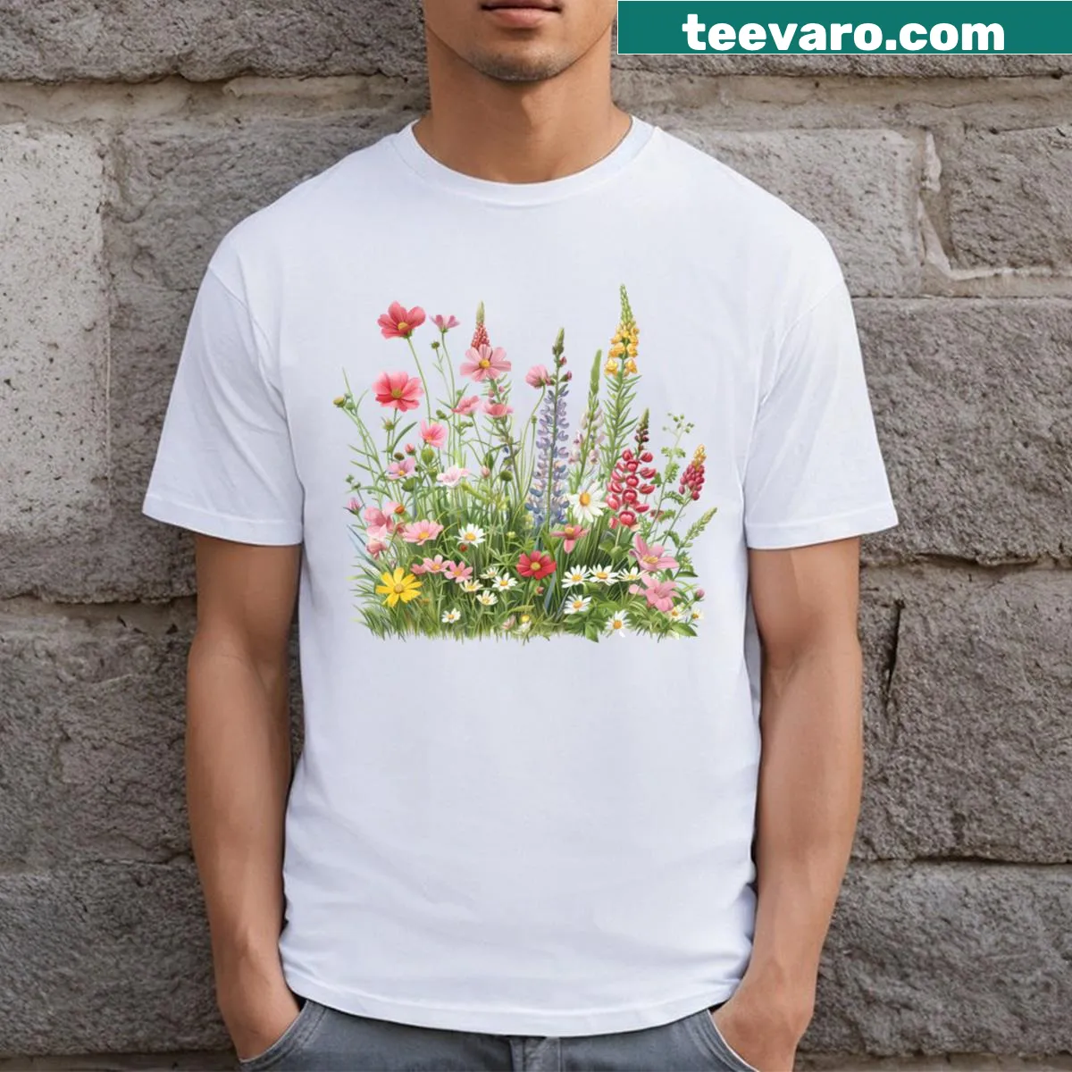 T-shirt featuring a whimsical garden flower graphic — on a men's t-shirt