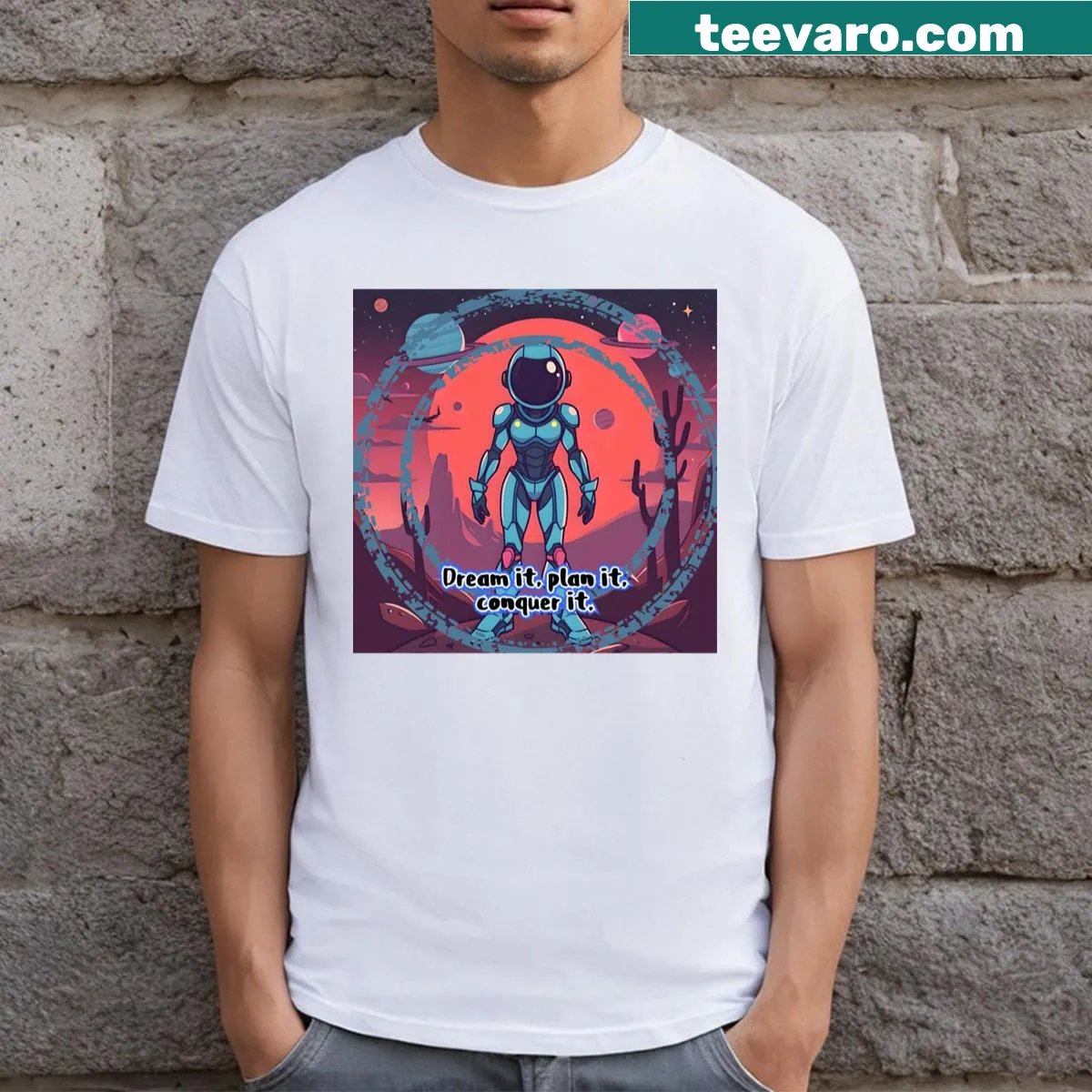 Bold typography t-shirt with the word 'Conquer' — on a men's t-shirt