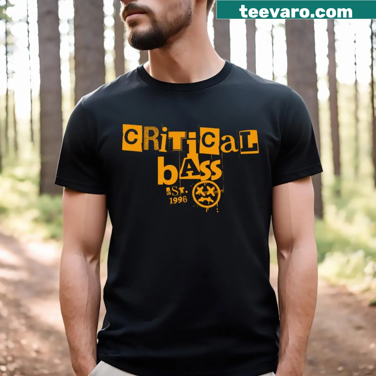 Bold typography T-shirt celebrating bass punk music — on a men's t-shirt