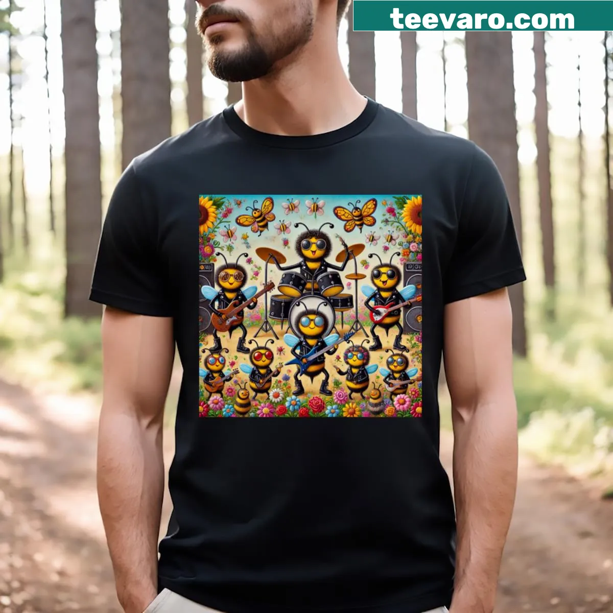 Playful illustration of cute bees on a T-shirt reflecting metal music vibes. — on a men's t-shirt