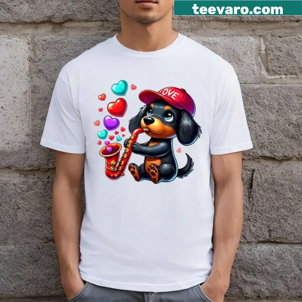 Cartoon dachshund playing saxophone with hearts