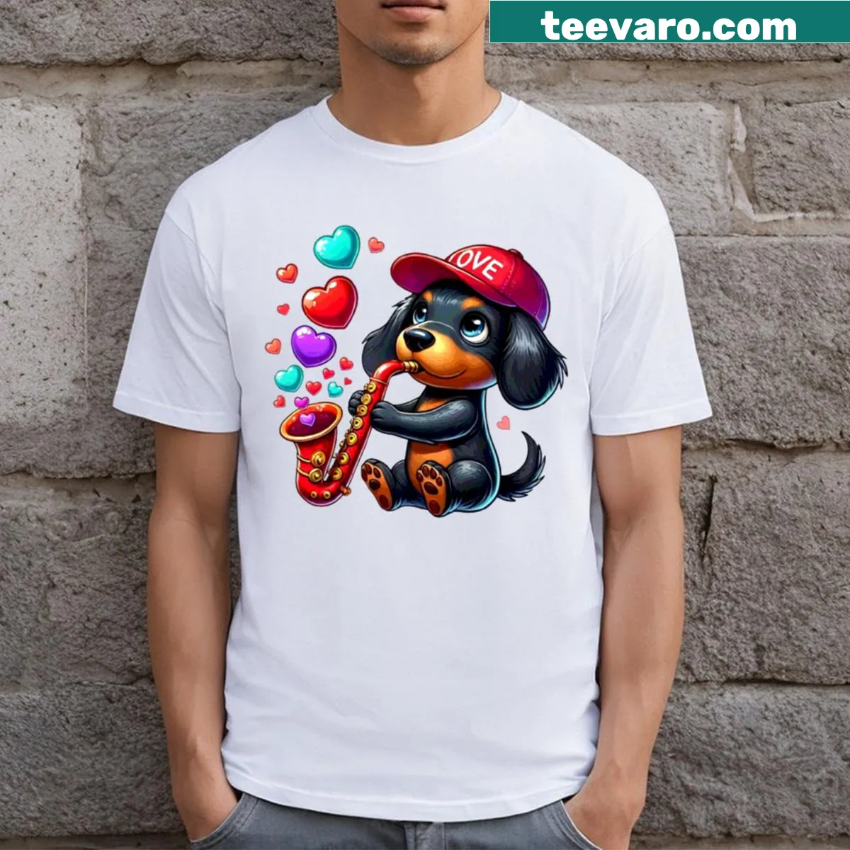 Cartoon dachshund playing saxophone with hearts — on a men's t-shirt