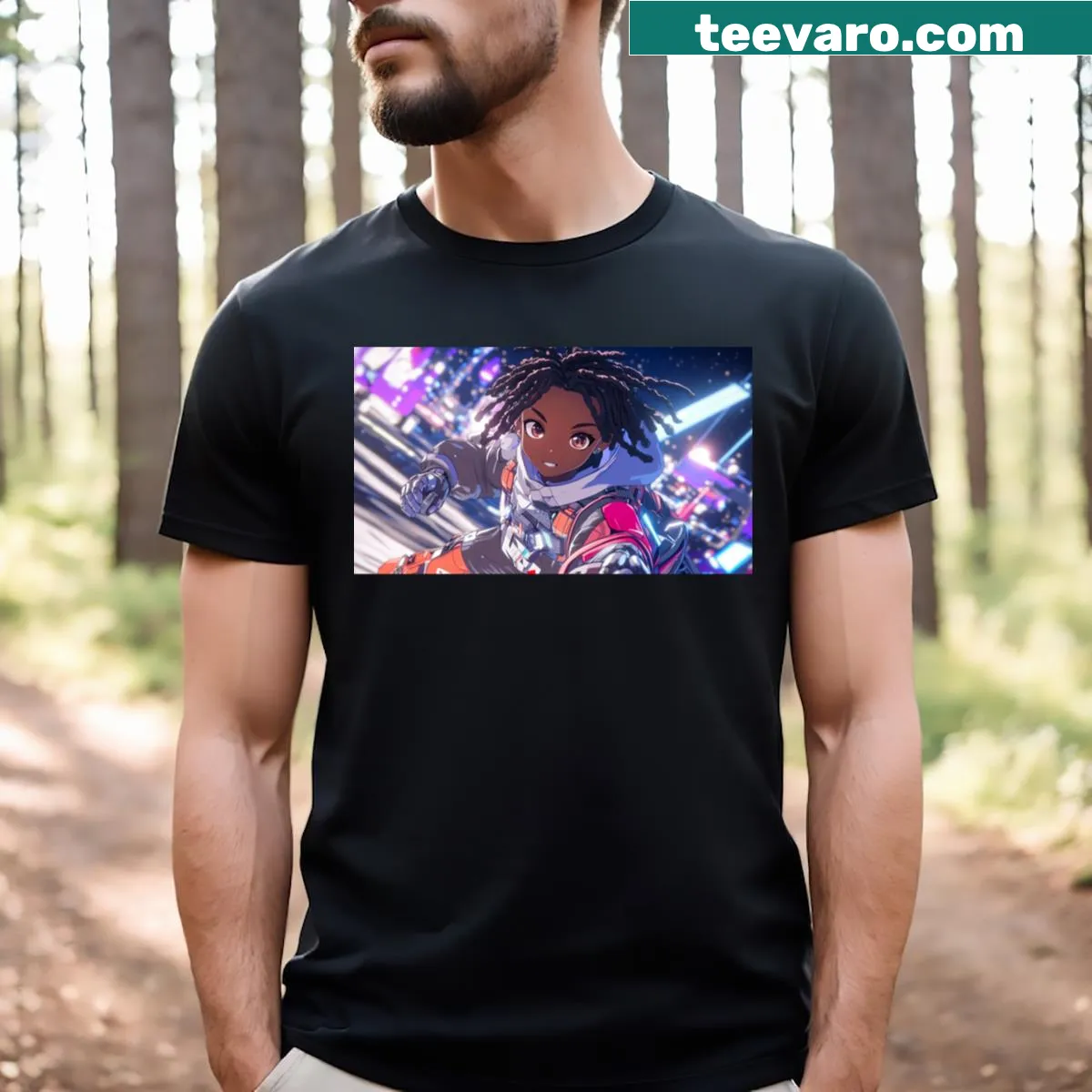 Graphic of a black boy with robotic fists in futuristic Tokyo — on a men's t-shirt