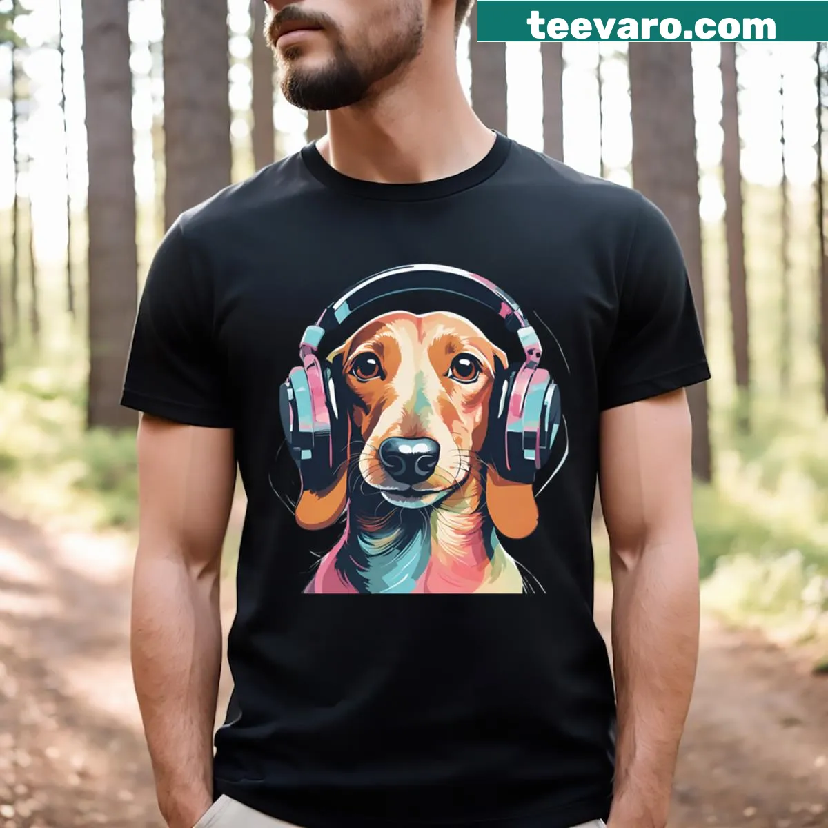 Dachshund-themed T-shirt with playful text about music influence — on a men's t-shirt