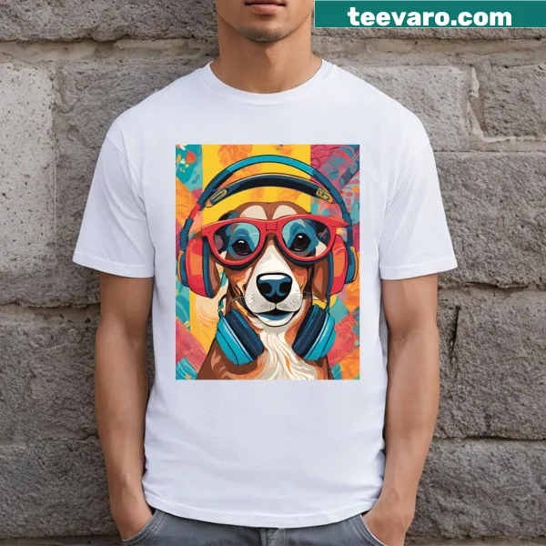 Cartoon dog in headphones ready to DJ, playful graphic T-shirt