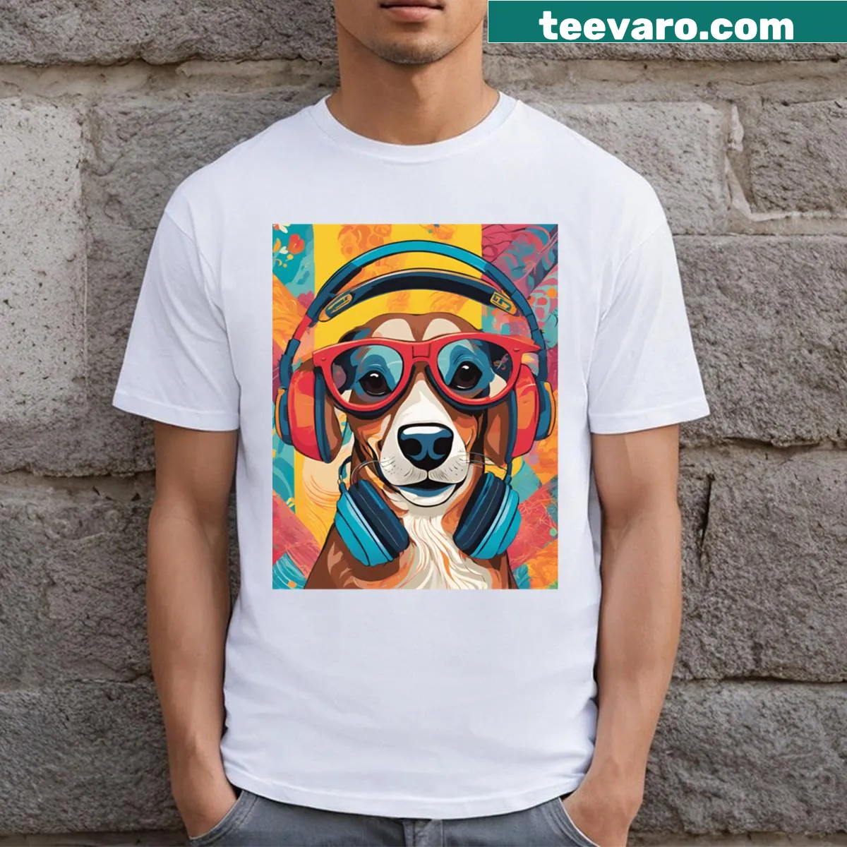 Cartoon dog in headphones ready to DJ, playful graphic T-shirt — on a men's t-shirt