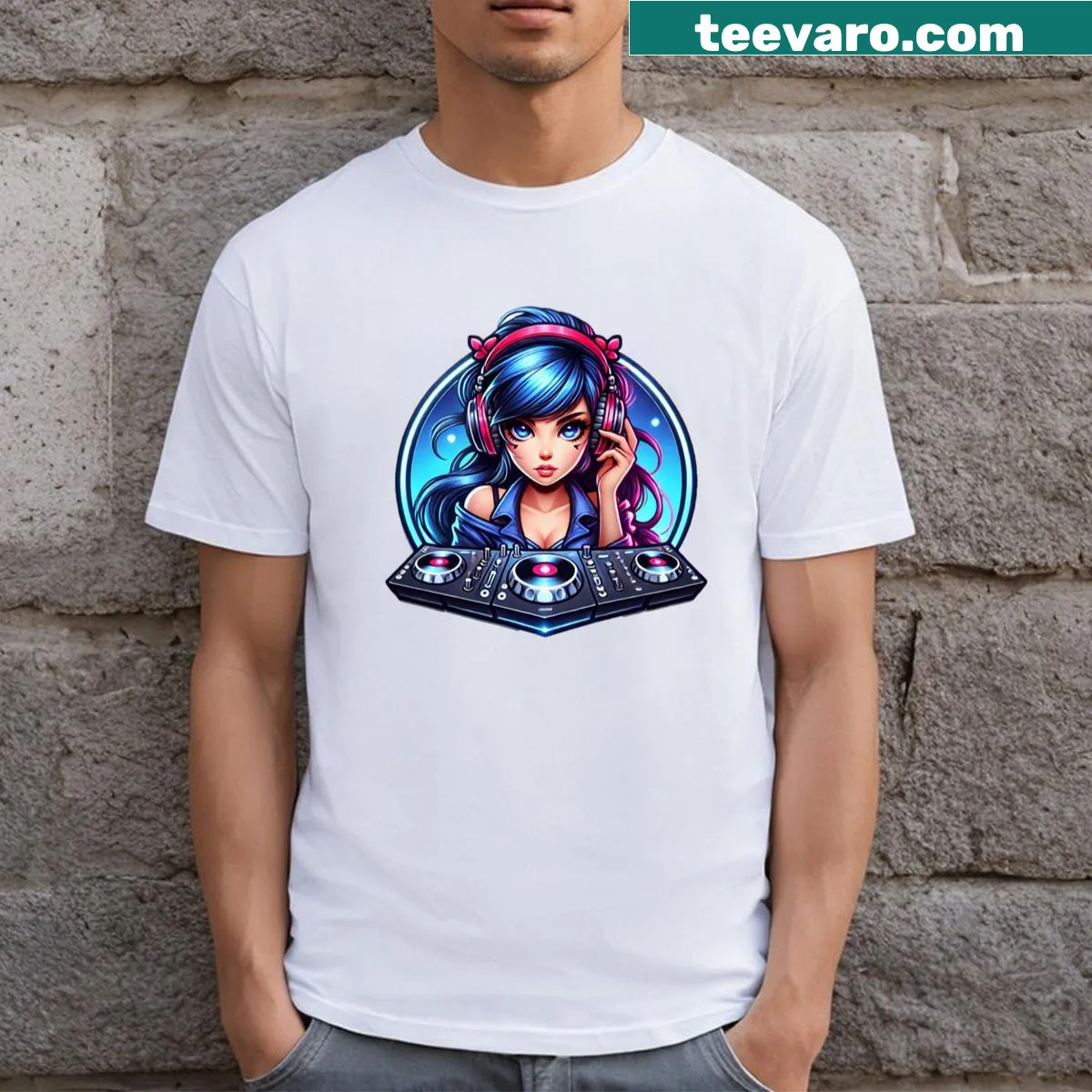 Retro T-shirt with Dj Music text and turntable imagery — on a men's t-shirt
