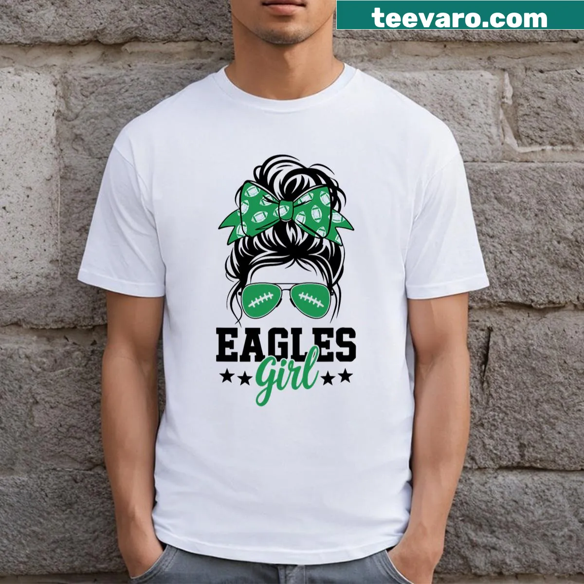 T-shirt with an illustration of a girl with a messy bun and eagle graphic — on a men's t-shirt