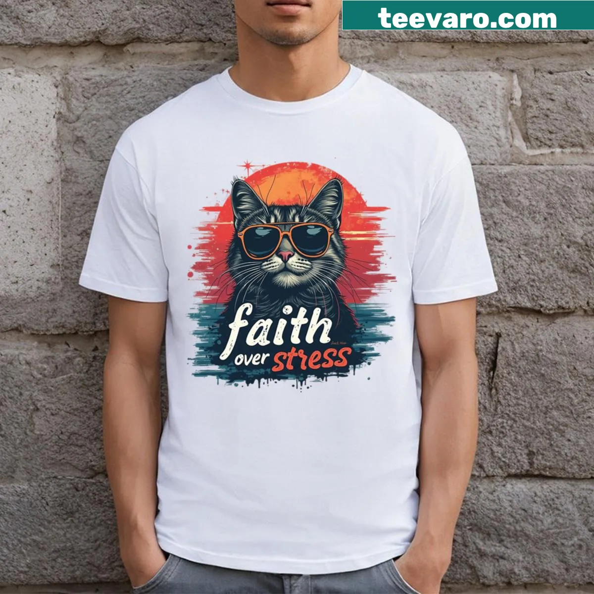 Cute cat wearing sunglasses illustration on a T-shirt — on a men's t-shirt