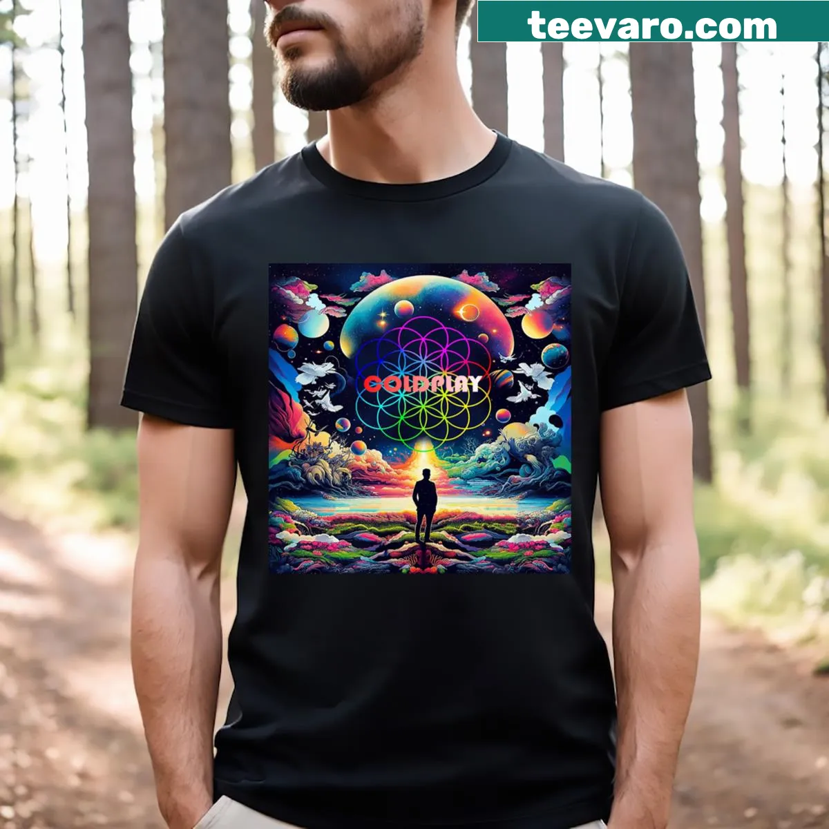 T-shirt featuring whimsical fantasy world illustrations — on a men's t-shirt