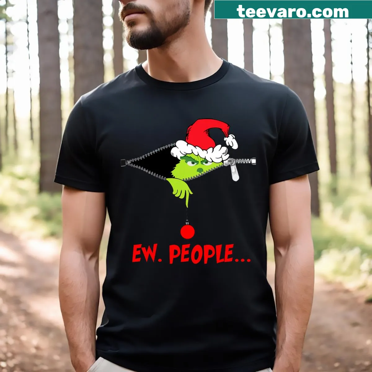 Funny Christmas T-shirt saying Ew People in playful typography — on a men's t-shirt