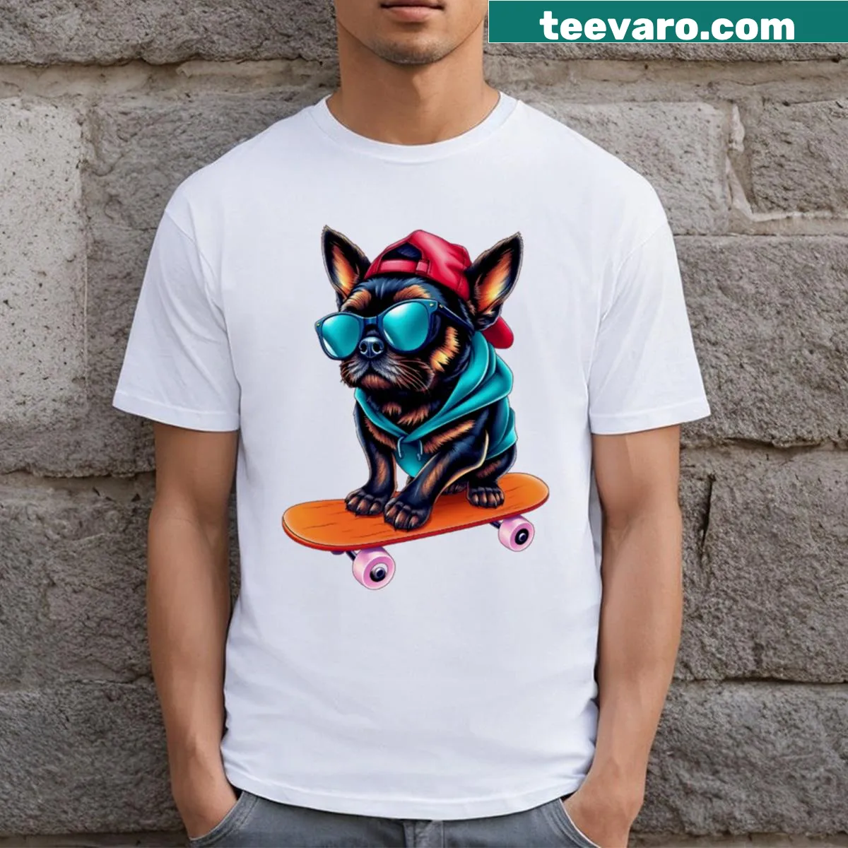Cartoon graphic of a cute Brussels Griffon puppy on a T-shirt — on a men's t-shirt