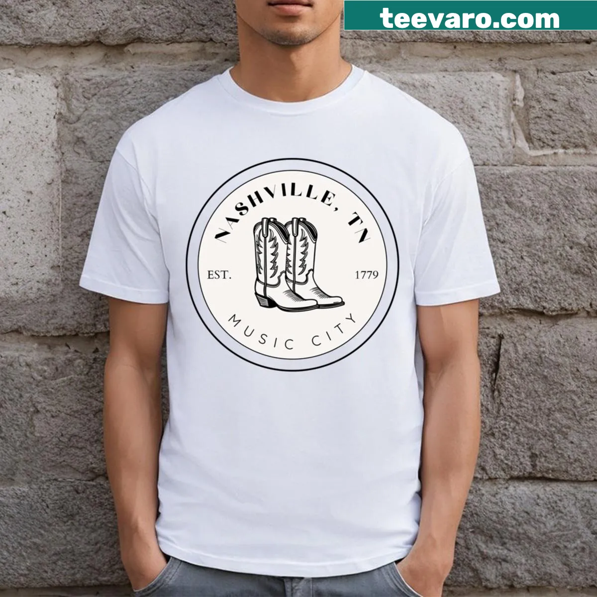 Nashville-themed T-shirt with playful typography urging to get your boots on — on a men's t-shirt