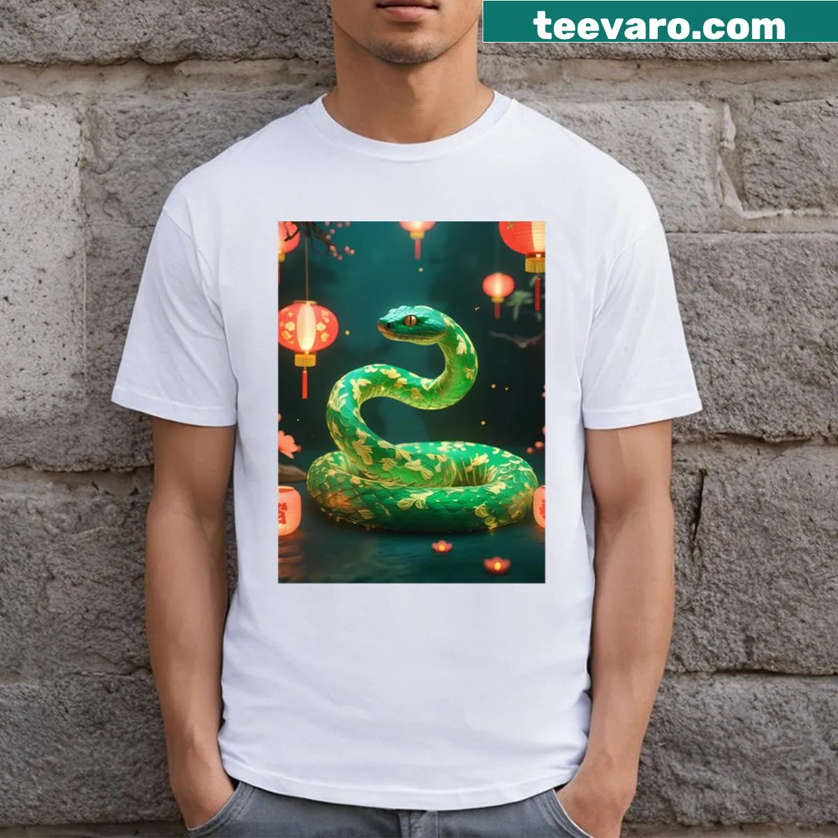 Illustration of a wood snake rising, symbolizing harmony in nature — on a men's t-shirt