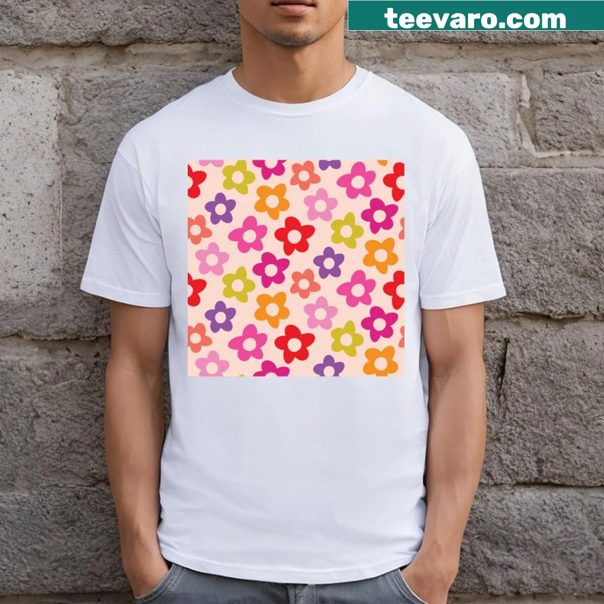 T-shirt with a vibrant rainbow floral pattern in an illustrative style — on a men's t-shirt