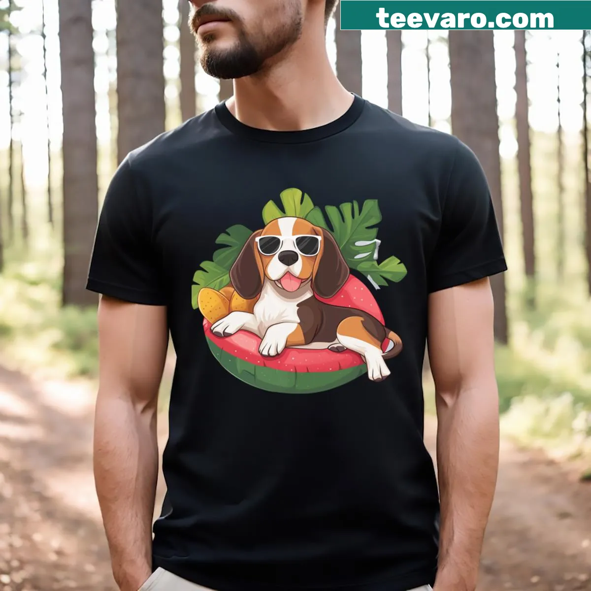 T-shirt featuring playful dog graphics with a Hawaiian theme — on a men's t-shirt