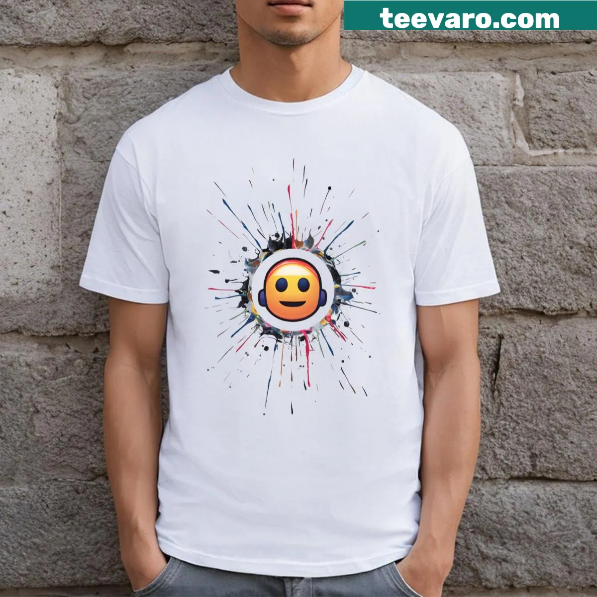Fun T-shirt with a headphones emoji graphic — on a men's t-shirt