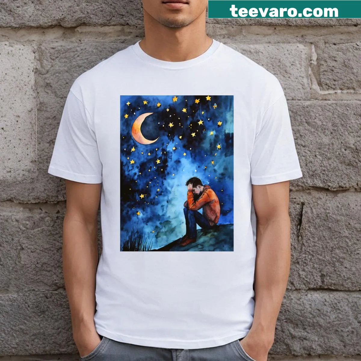 Illustrative T-shirt showing a heartbroken man under a starry night sky — on a men's t-shirt