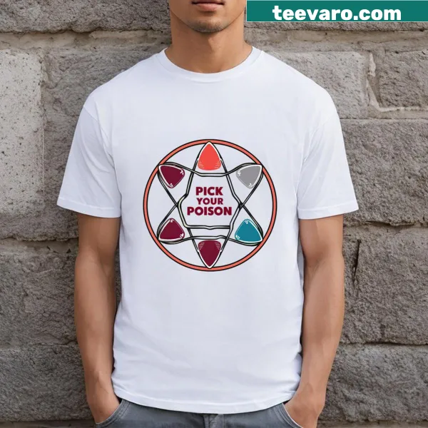 Bold T-shirt with heavy metal music patterns and iconic symbols.