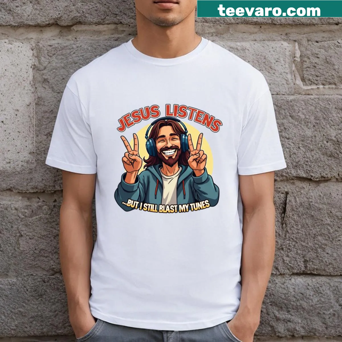 Witty music and faith T-shirt with humorous statement — on a men's t-shirt