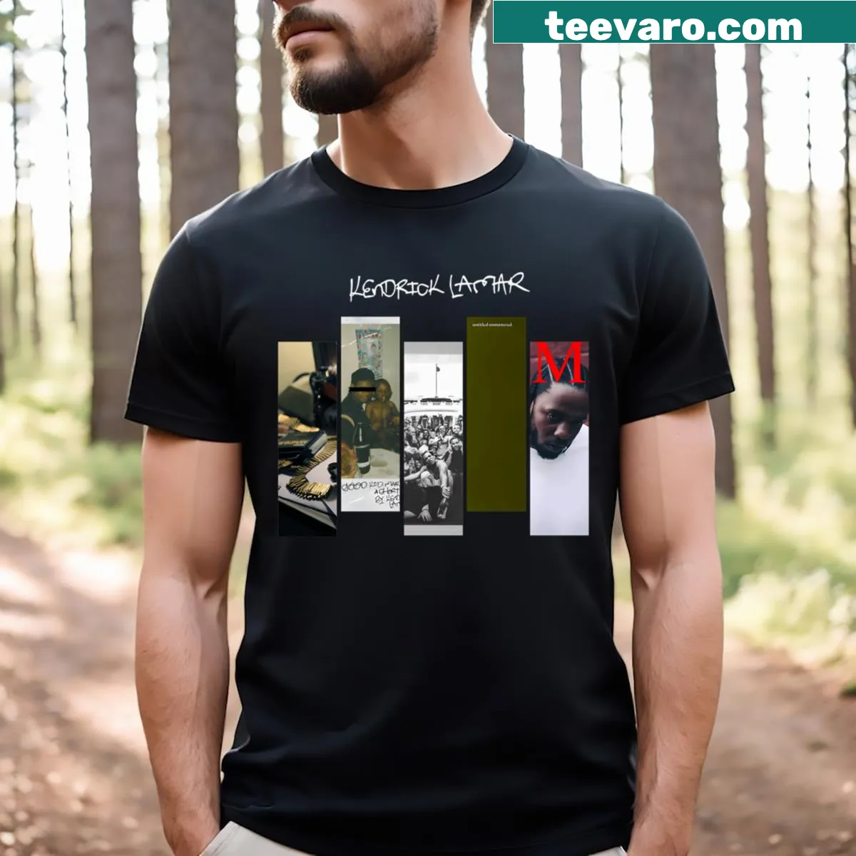 T-shirt featuring Kendrick Lamar's album titles in artistic design — on a men's t-shirt