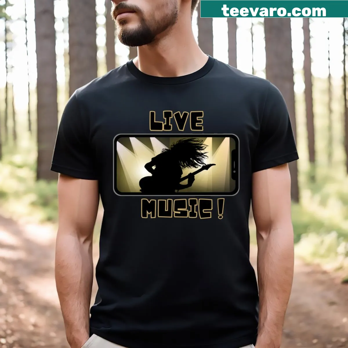 Rock-themed graphic tee celebrating live music — on a men's t-shirt