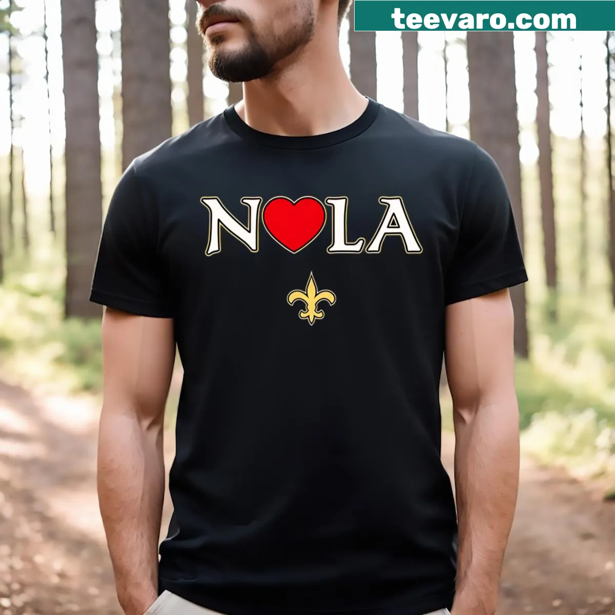 T-shirt featuring a fleur-de-lis heart design representing New Orleans — on a men's t-shirt