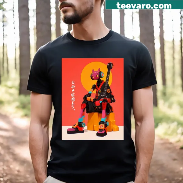 Striking graphic blending music and mechanical elements on a T-shirt.