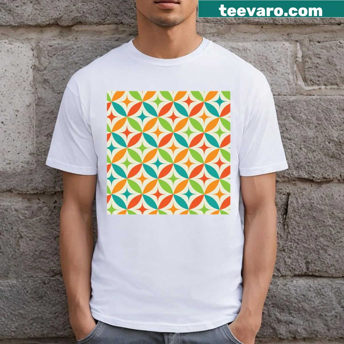 Retro atomic starburst pattern T-shirt in mid-century style — on a men's t-shirt