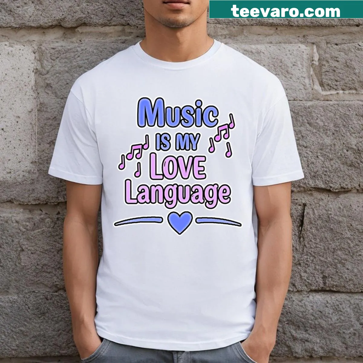 T-shirt with script design stating Music Is My Love Language — on a men's t-shirt