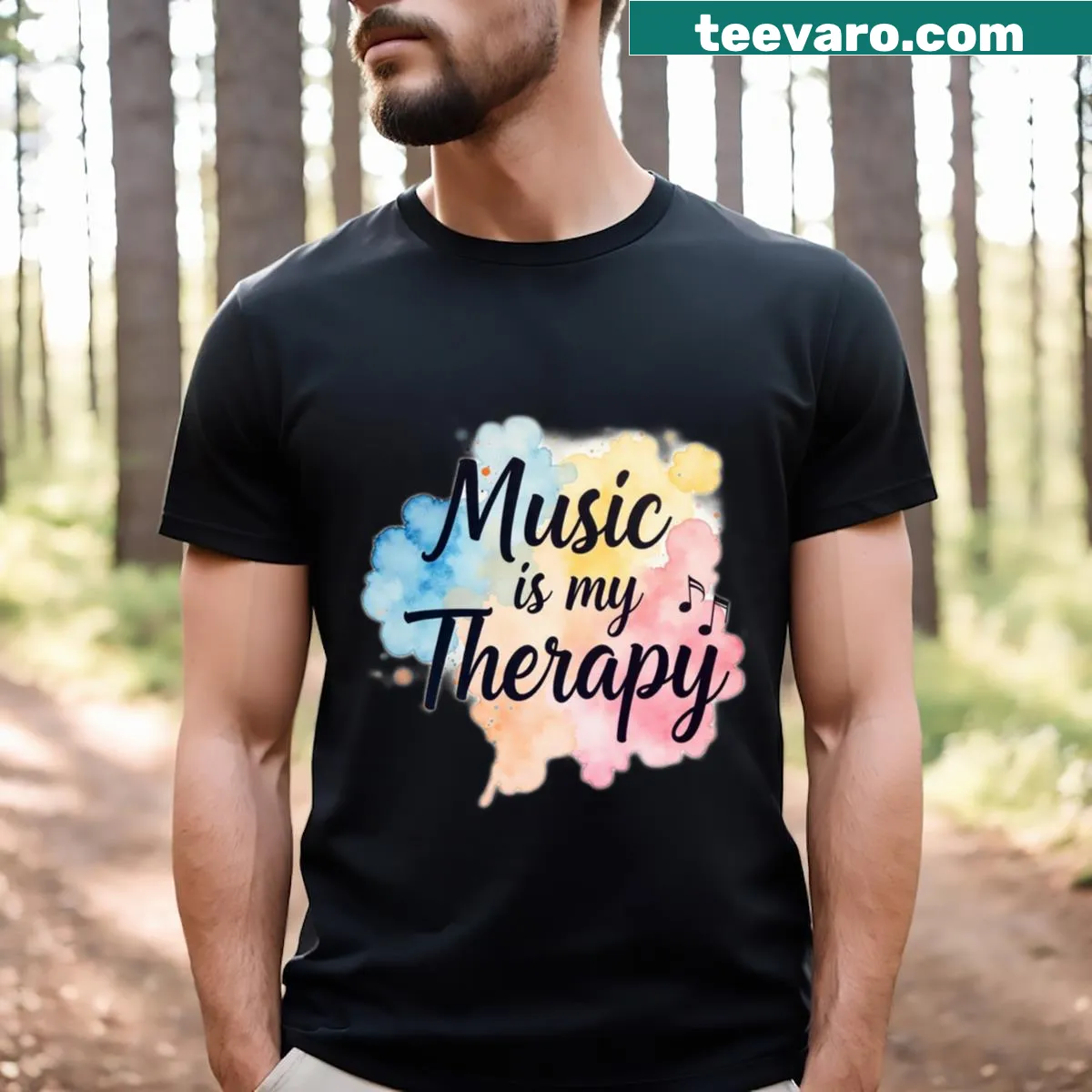 Inspirational t-shirt with the phrase Music Is My Therapy — on a men's t-shirt