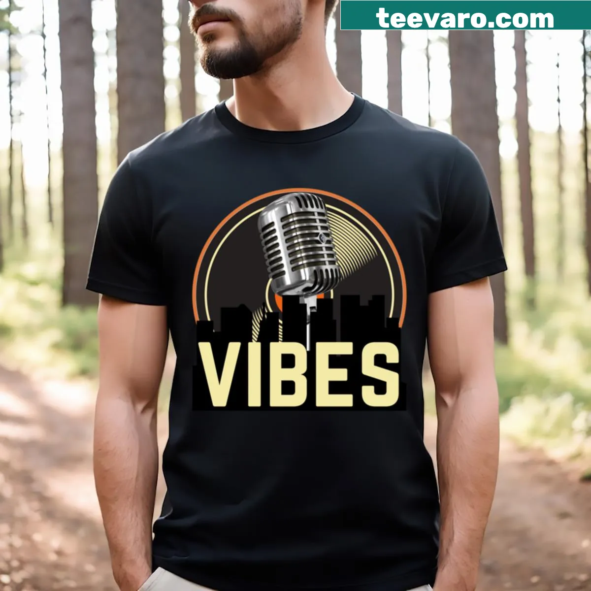 T-shirt with print celebrating music vibes — on a men's t-shirt
