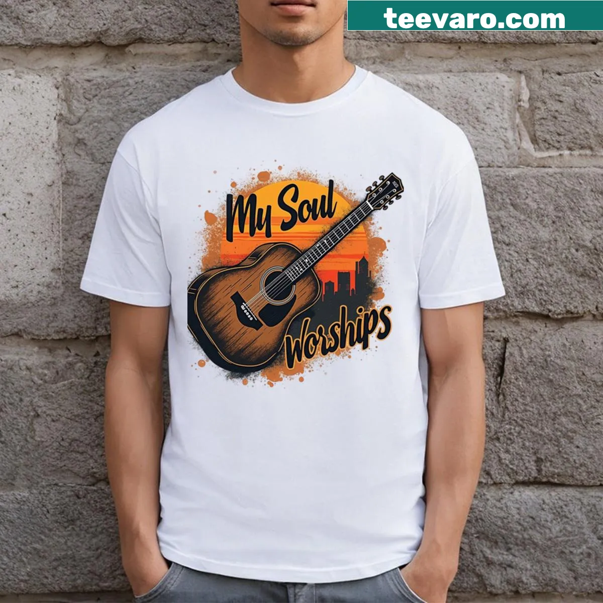 Inspirational My Soul Worships Acoustic Guitar t-shirt — on a men's t-shirt