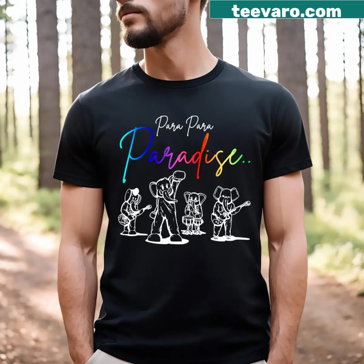 Bold parade-themed concert graphic on a black T-shirt — on a men's t-shirt