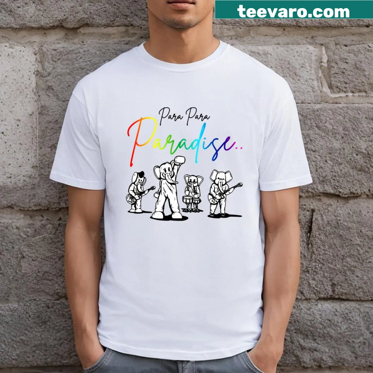 T-shirt illustrating a festive concert parade scene — on a men's t-shirt
