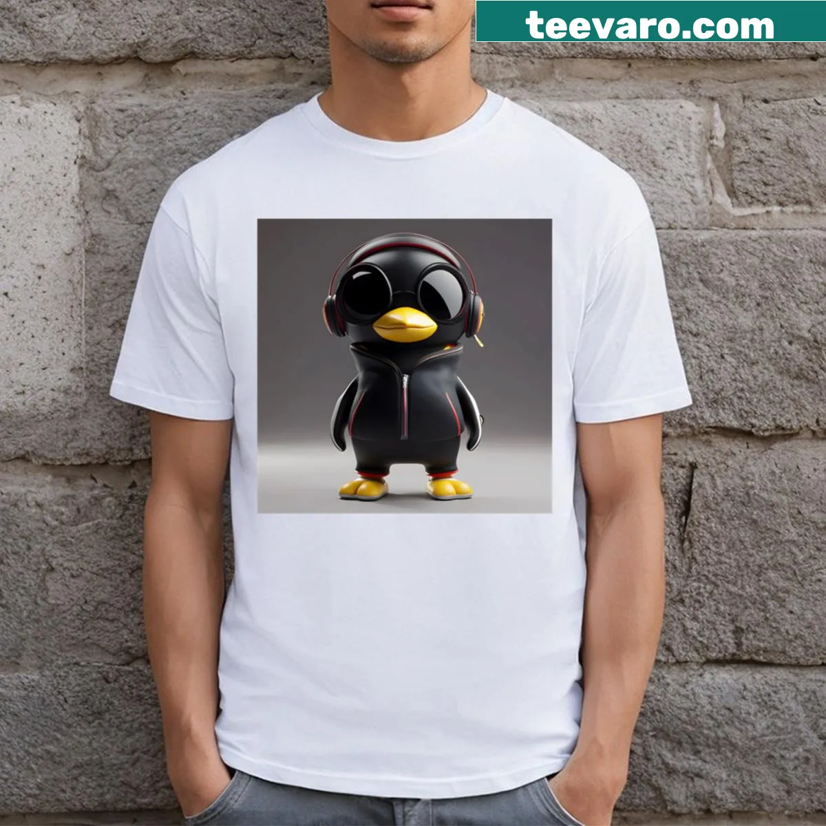 Cartoon penguin wearing headphones with music notes design — on a men's t-shirt