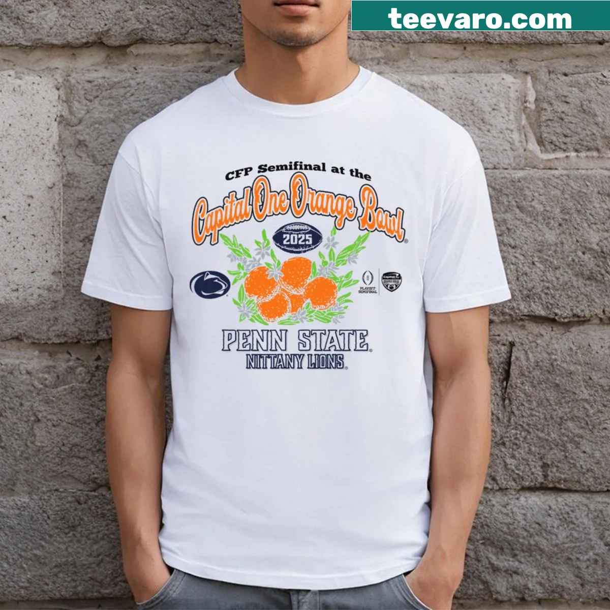 White Penn State Nittany Lions Orange Bowl 2024 T-shirt with bold text — on a men's t-shirt