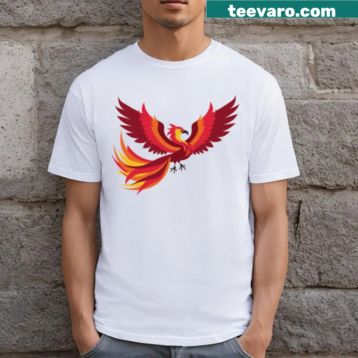 Stylized T-shirt featuring a phoenix design inspired by sticker art. — on a men's t-shirt