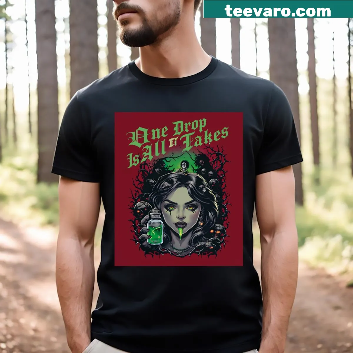 Gothic poison bottle design on a rock band T-shirt — on a men's t-shirt