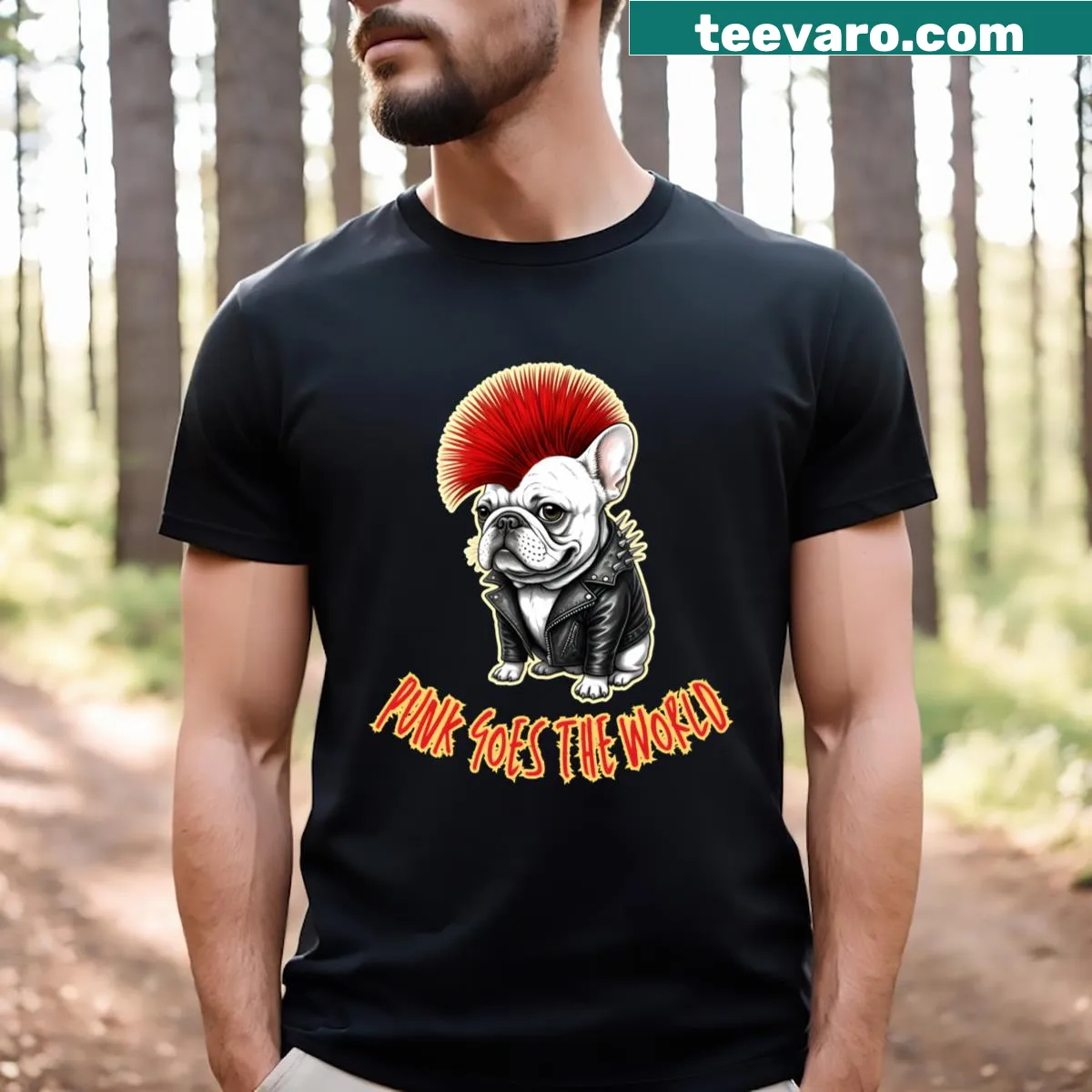 Cartoon French Bulldog graphic with punk rock design — on a men's t-shirt