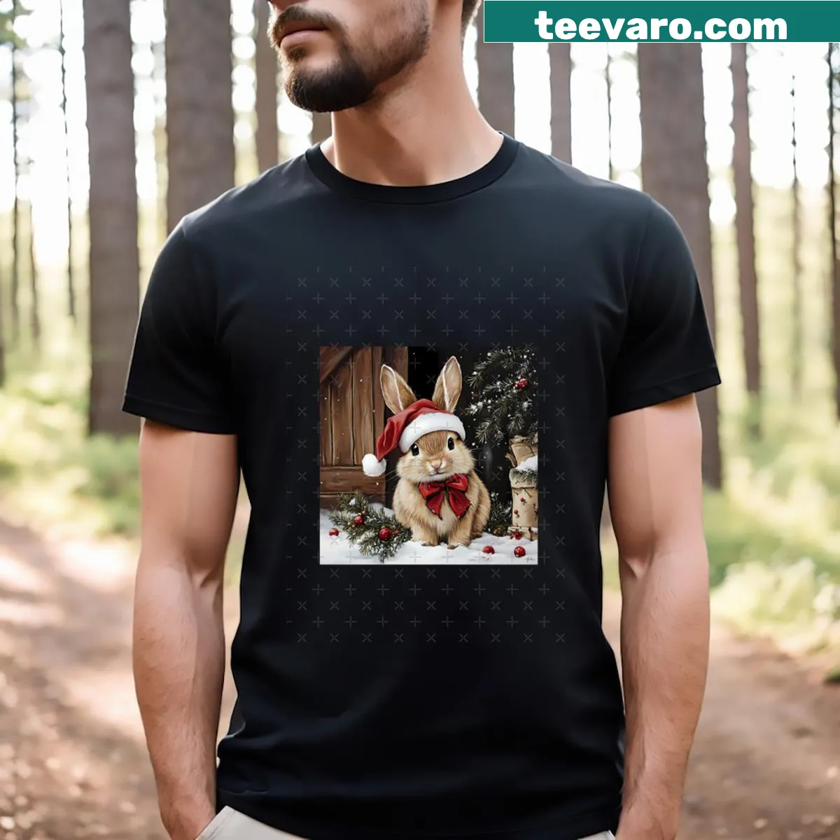 Festive T-shirt featuring a rabbit with gifts for Christmas — on a men's t-shirt