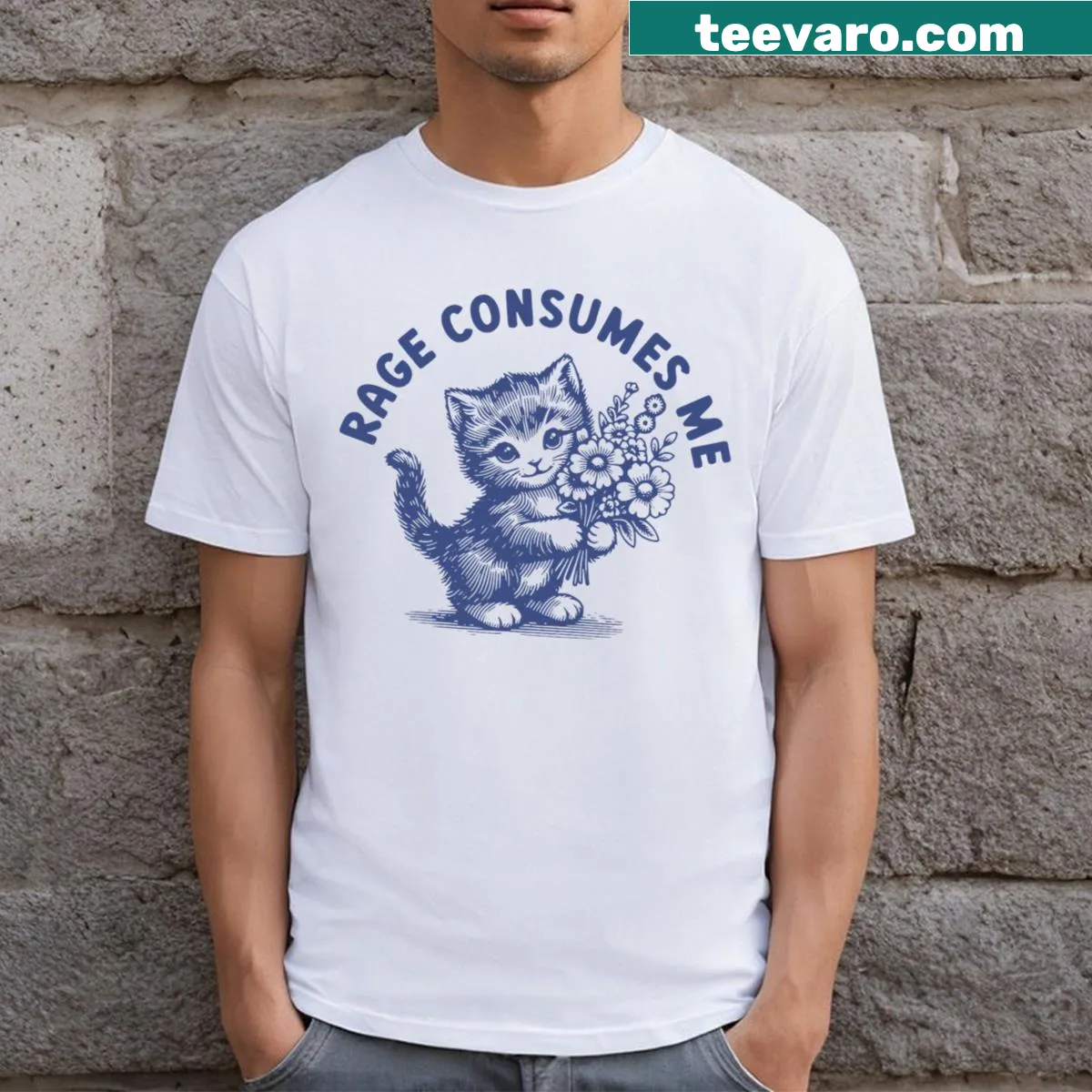 Illustration of a cute cat surrounded by flowers with meme text. — on a men's t-shirt