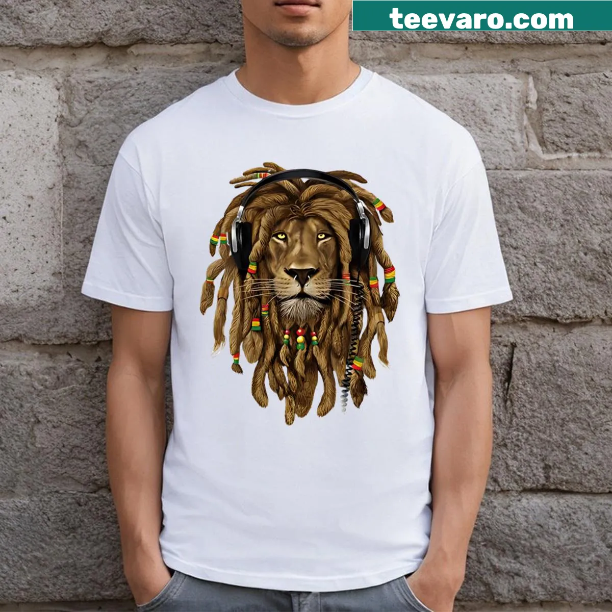 Rasta lion graphic T-shirt representing music and freedom — on a men's t-shirt