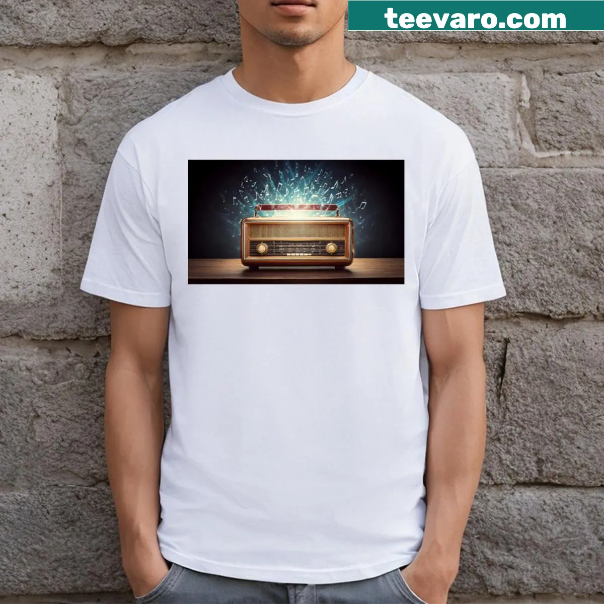 Retro radio graphic t-shirt celebrating music and nostalgia — on a men's t-shirt