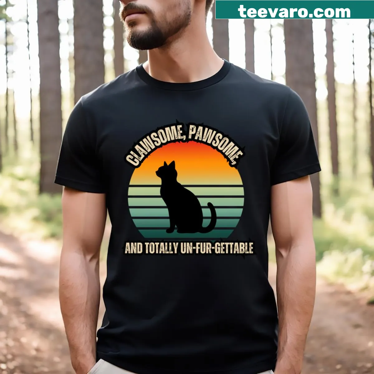 Cute cat illustration with a sunrise on a retro-style t-shirt — on a men's t-shirt