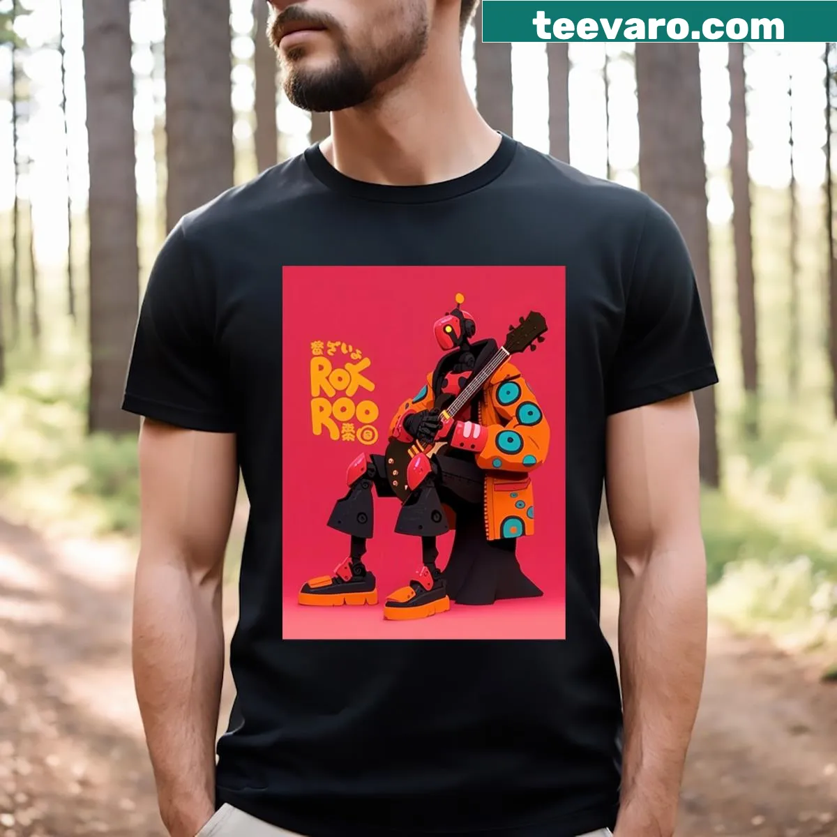 Illustration of a robot playing guitar at sunset on a T-shirt — on a men's t-shirt