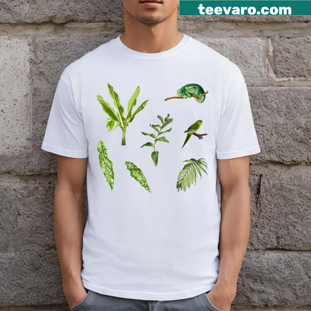 Tropical illustration featuring palm leaves, a parrot, and a chameleon — on a men's t-shirt