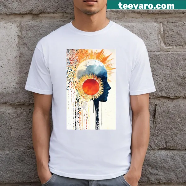 Artistic T-shirt featuring a sun profile and abstract text