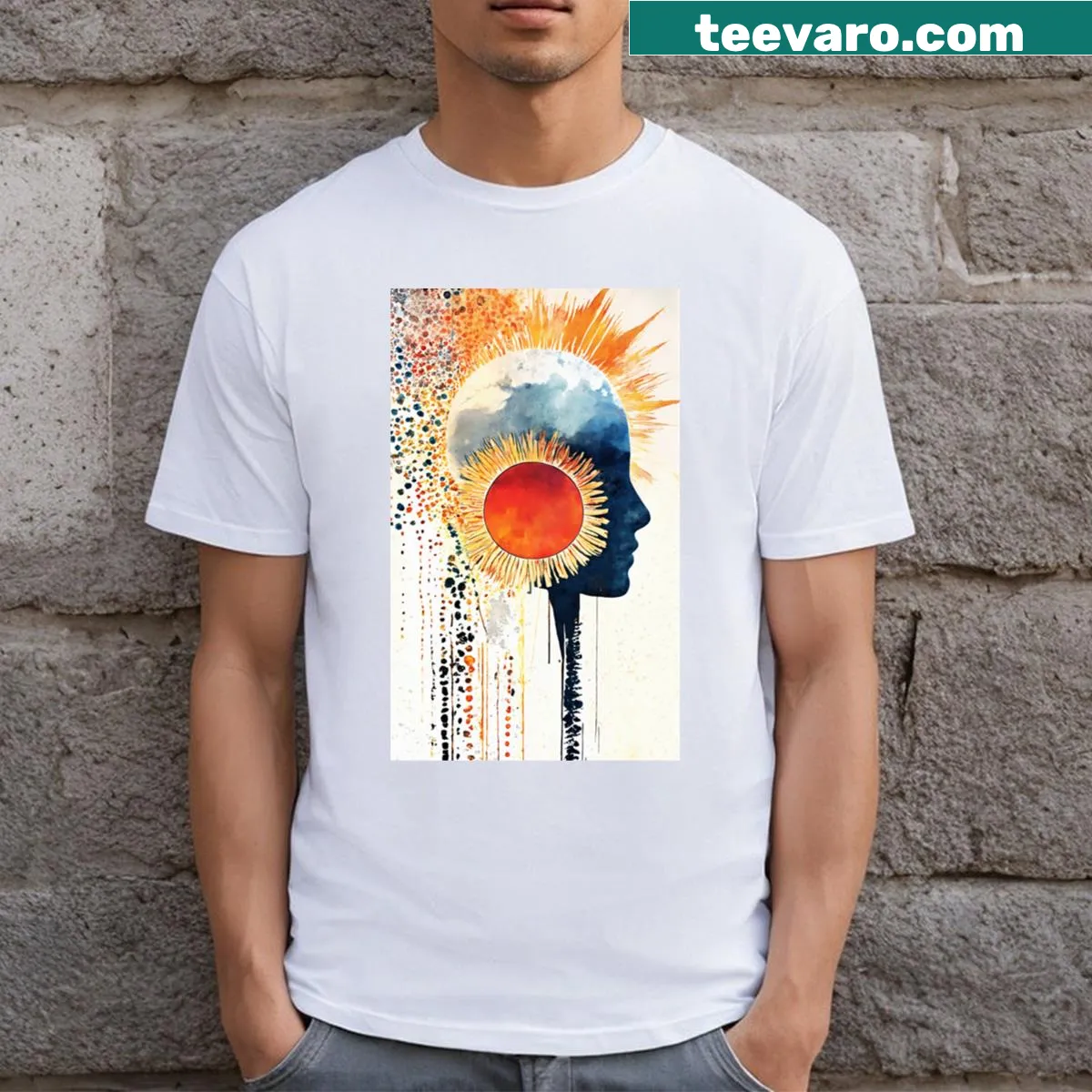 Artistic T-shirt featuring a sun profile and abstract text — on a men's t-shirt